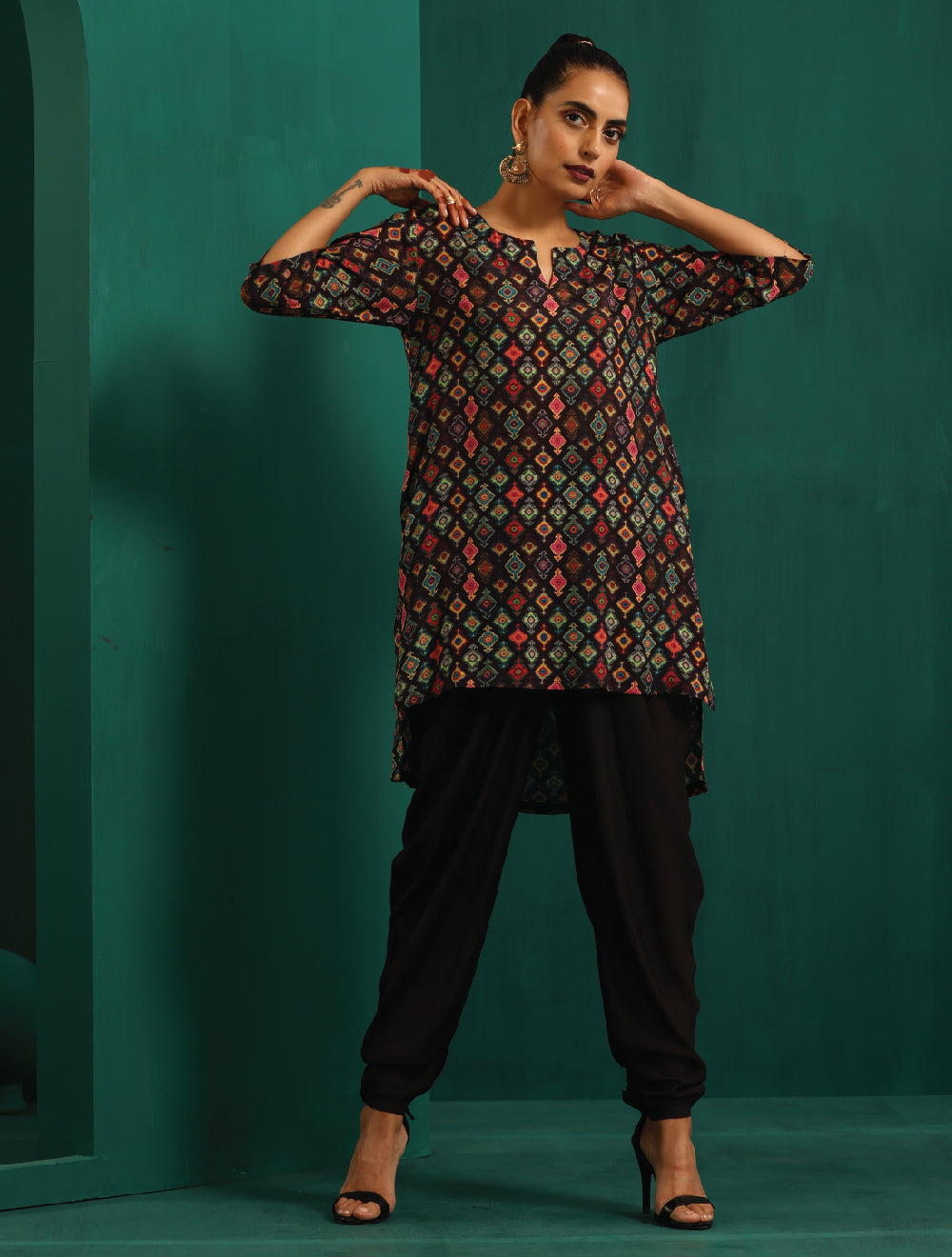 trueBrowns Black Ikat Muslin Silk Printed High Low Co-ord Set - Distacart