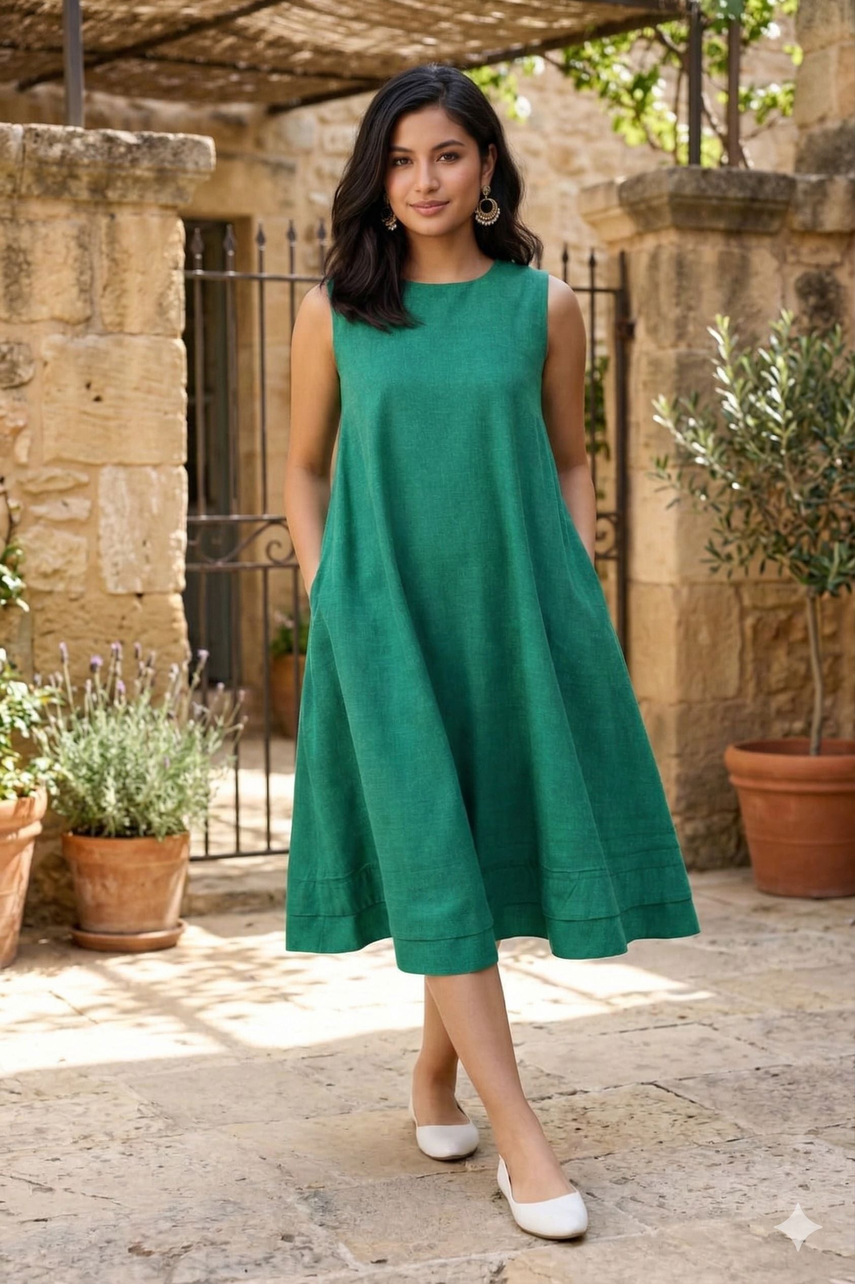 Myshka Women Green Linen Smart Casual A-Line Midi Dress - Dista