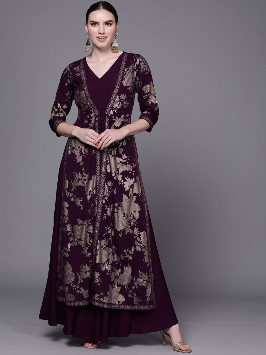 Ahalyaa Women Burgundy Floral Fit & Flare Maxi Ethnic Dress - Distacart