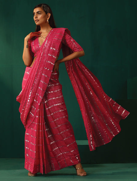 trueBrowns Rani Pink Cotton Silver Lurex Striped Ready to Wear Saree - Distacart