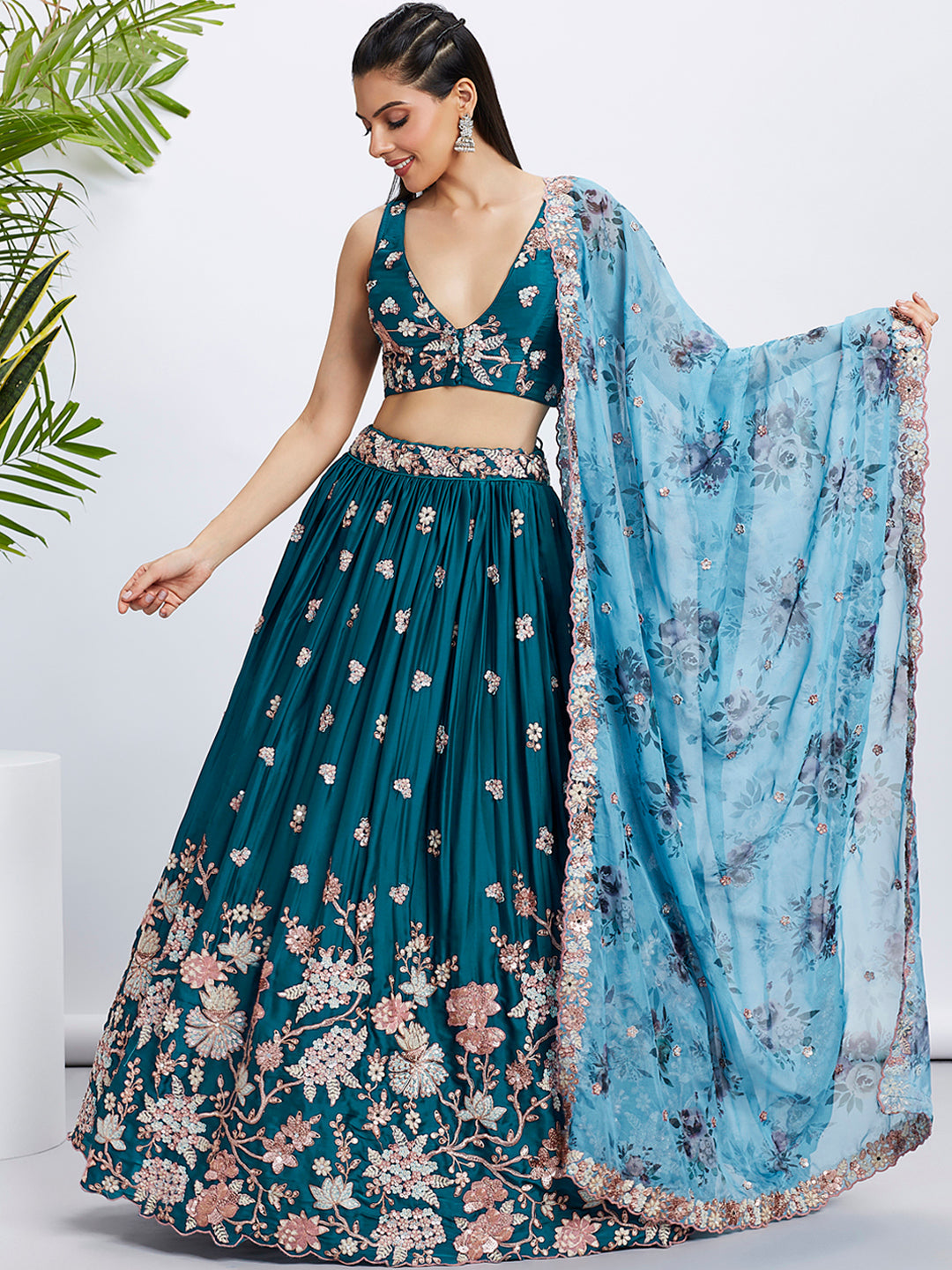 House of Panchhi Olive Pure Georgette Sequins And Thread Embroidery Lehenga Choli & Dupatta - Distacart