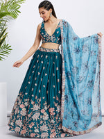 Thumbnail for House of Panchhi Olive Pure Georgette Sequins And Thread Embroidery Lehenga Choli & Dupatta - Distacart