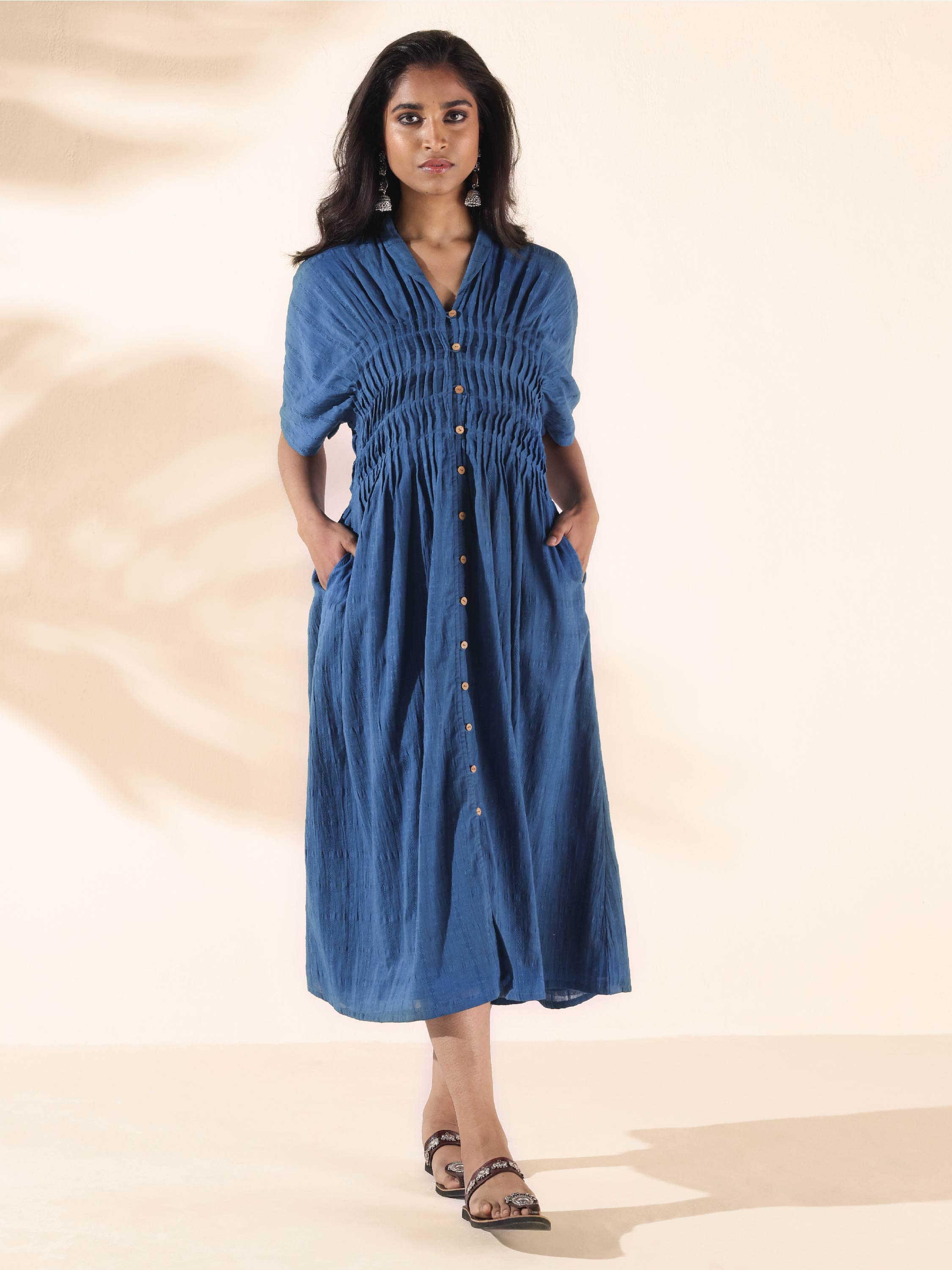 trueBrowns Blue Cotton Dobby Dress - Distacart