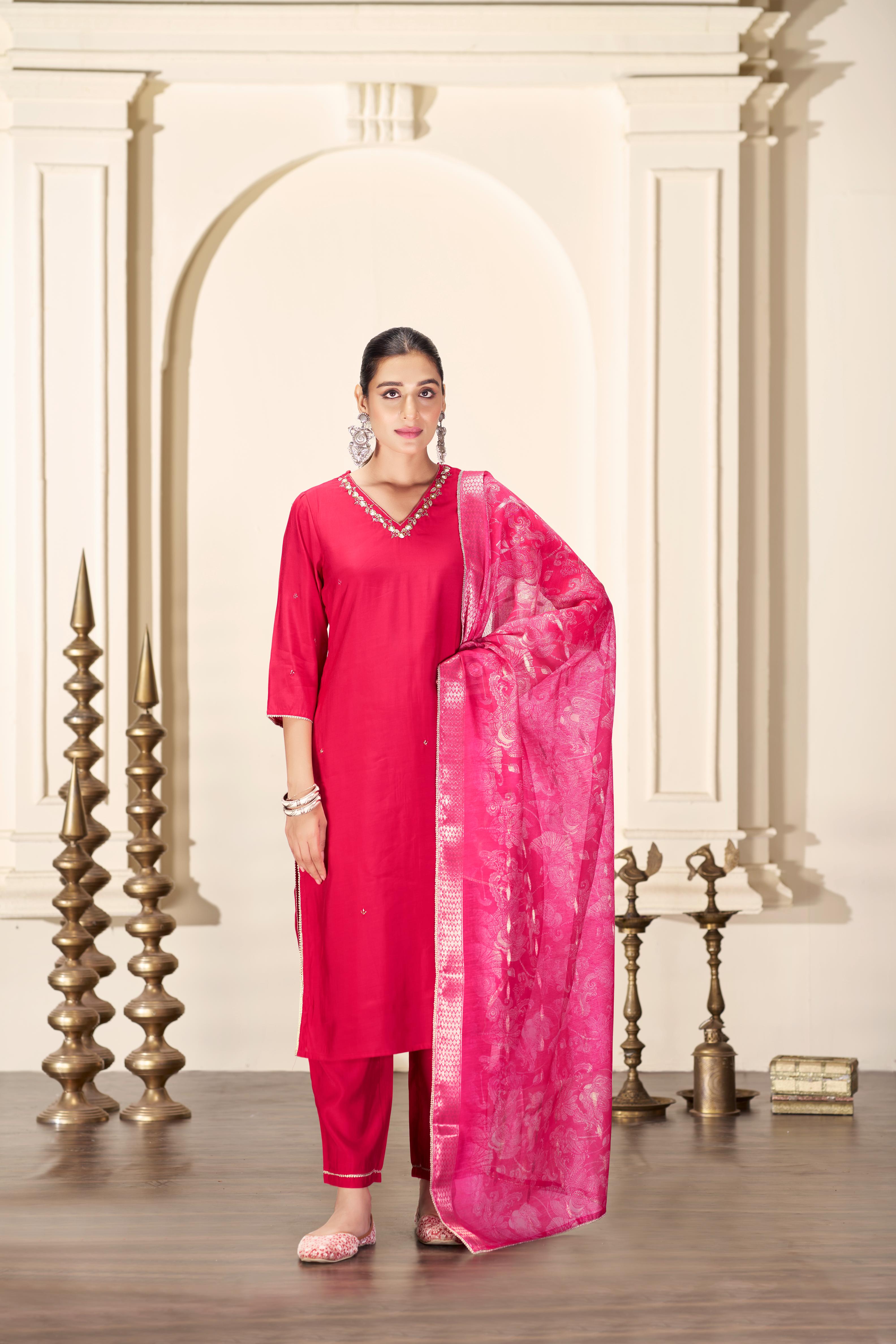 BulBul Nirjari Red Silk Kurta Set with Dupatta