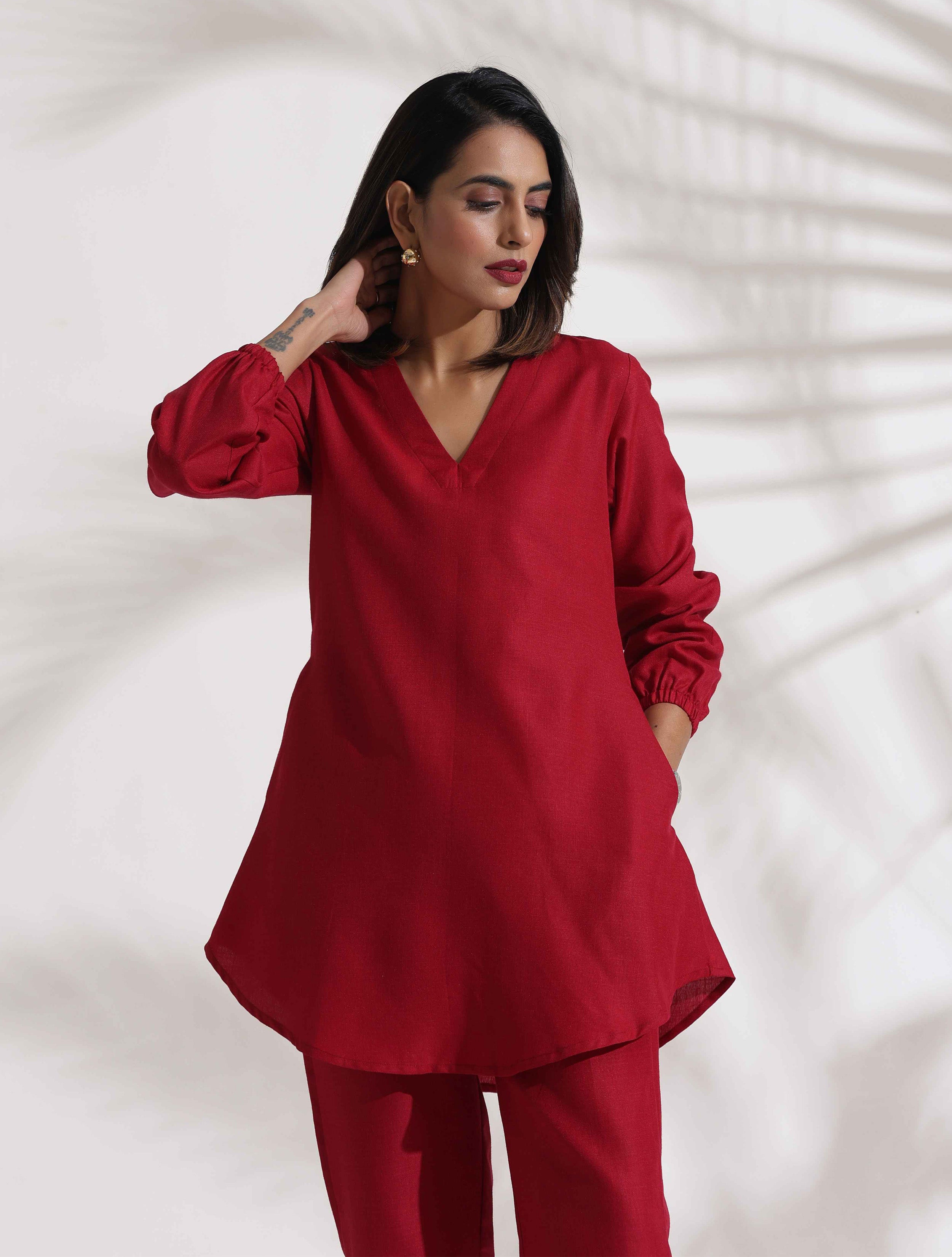 trueBrowns Maroon Slub Co-ord Set - Distacart