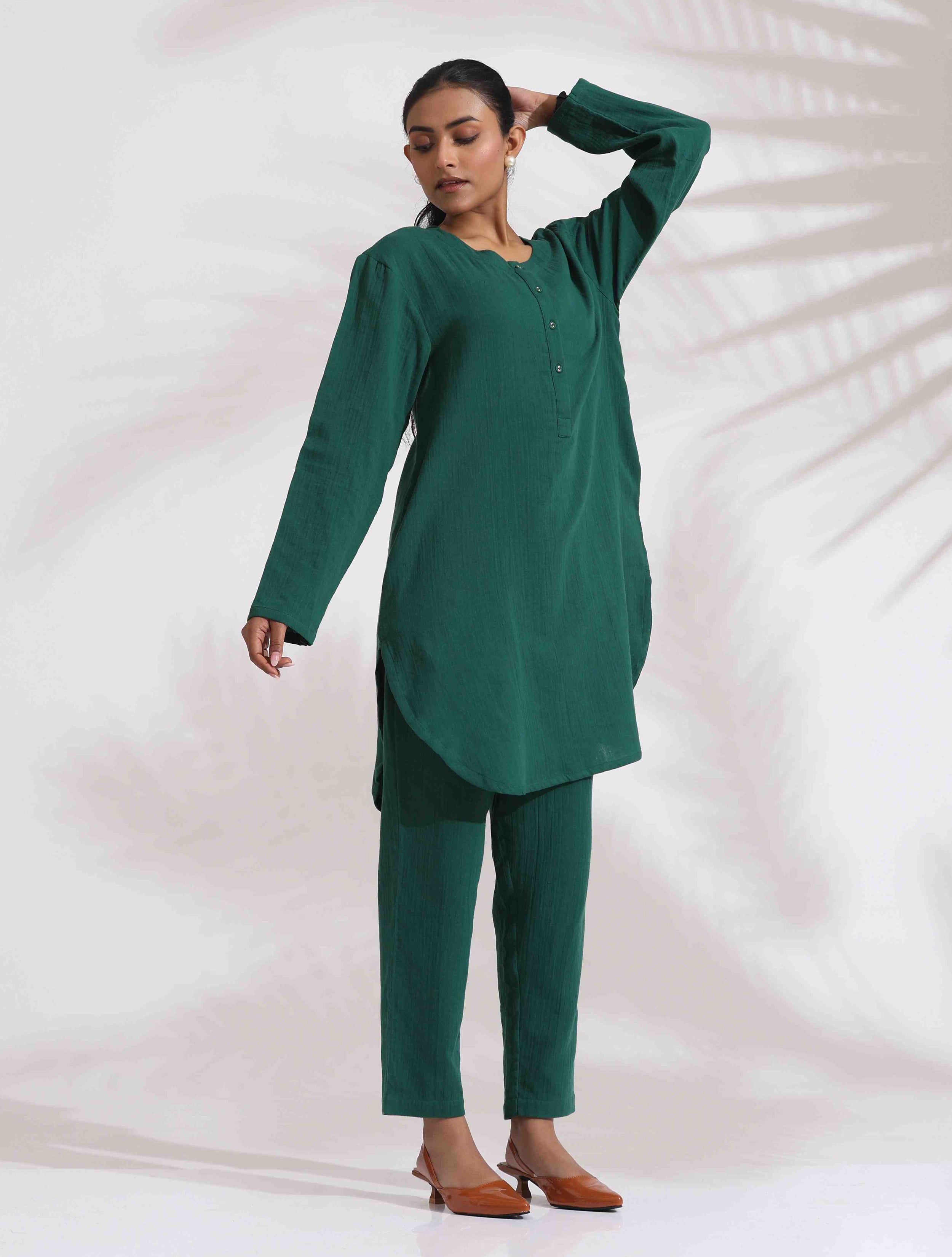 trueBrowns Green Cotton Kurta Co-ord Set - Distacart