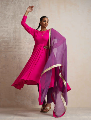 trueBrowns Pink Crinkle Anarkali Kurta Pant Dupatta Set - Distacart