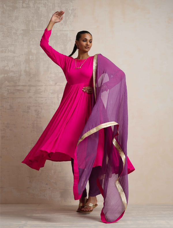 trueBrowns Pink Crinkle Anarkali Kurta Pant Dupatta Set - Distacart