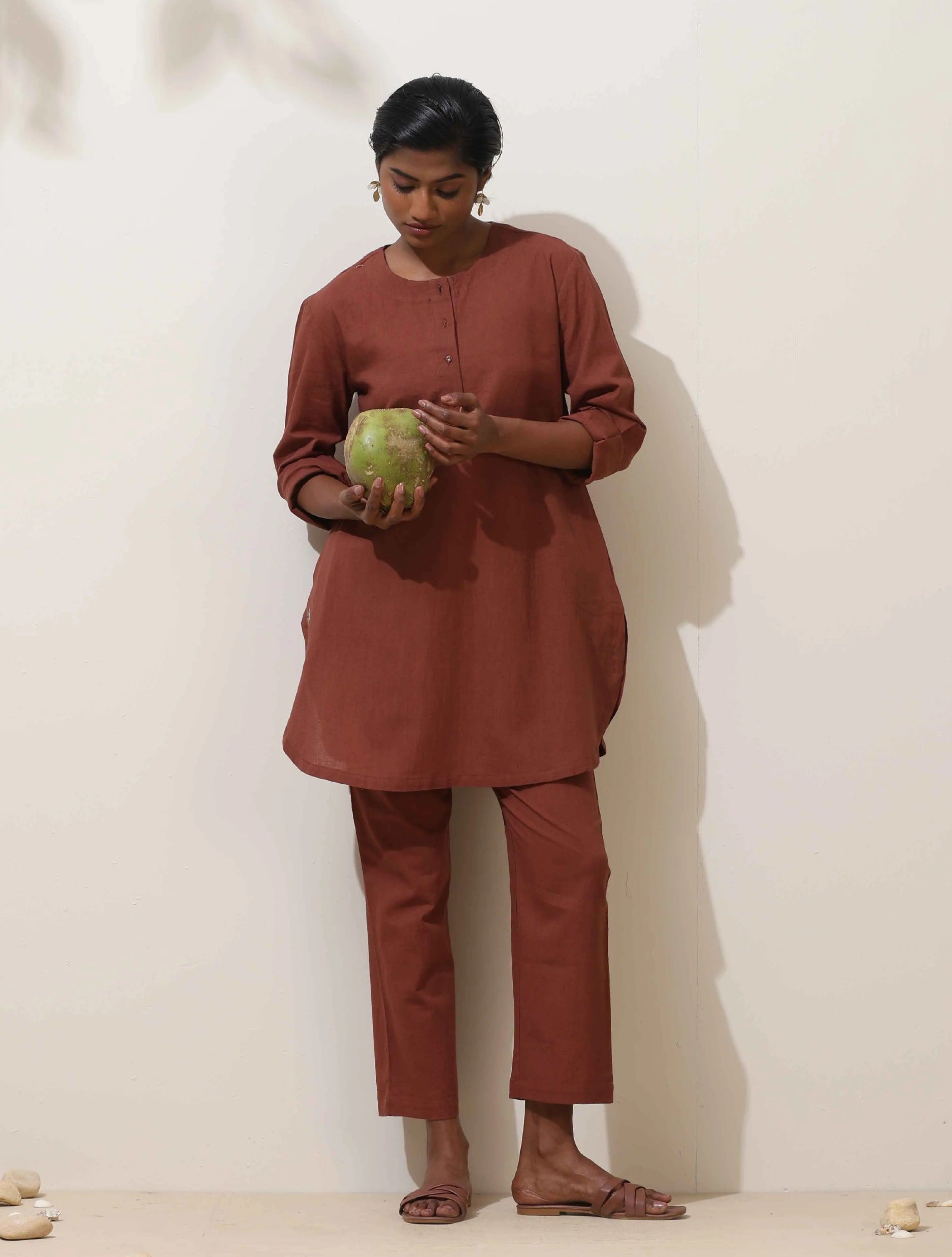 trueBrowns Brown Cotton Linen Kurta Co-Ord Set - Distacart