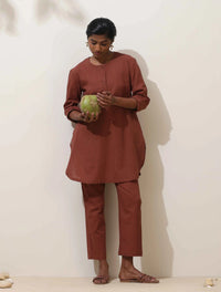Thumbnail for trueBrowns Brown Cotton Linen Kurta Co-Ord Set