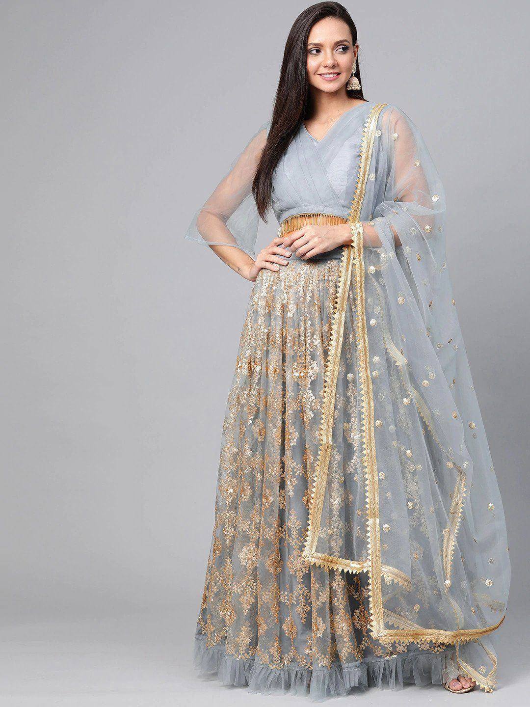 Tulsi Art Grey & Golden Semi-Stitched Embellished Myntra Lehenga & Unstitched Blouse With Dupatta - Dista
