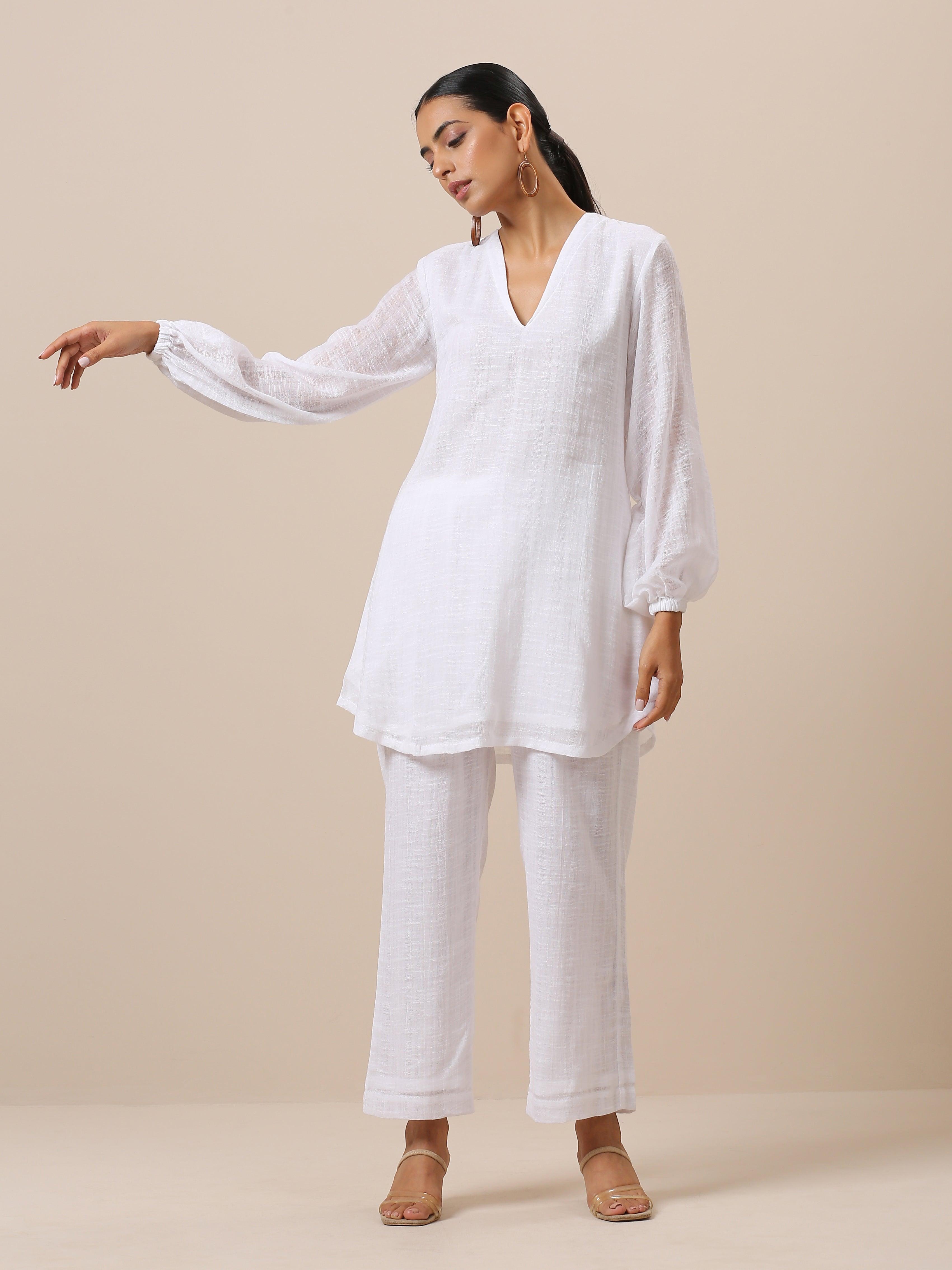 trueBrowns Gauze White Short Co-Ord Set - Distacart