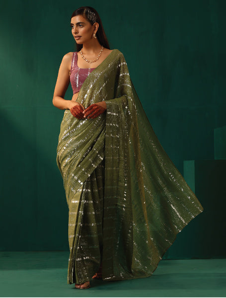 trueBrowns Sage Green Cotton Silver Lurex Striped Ready to Wear Saree - Distacart