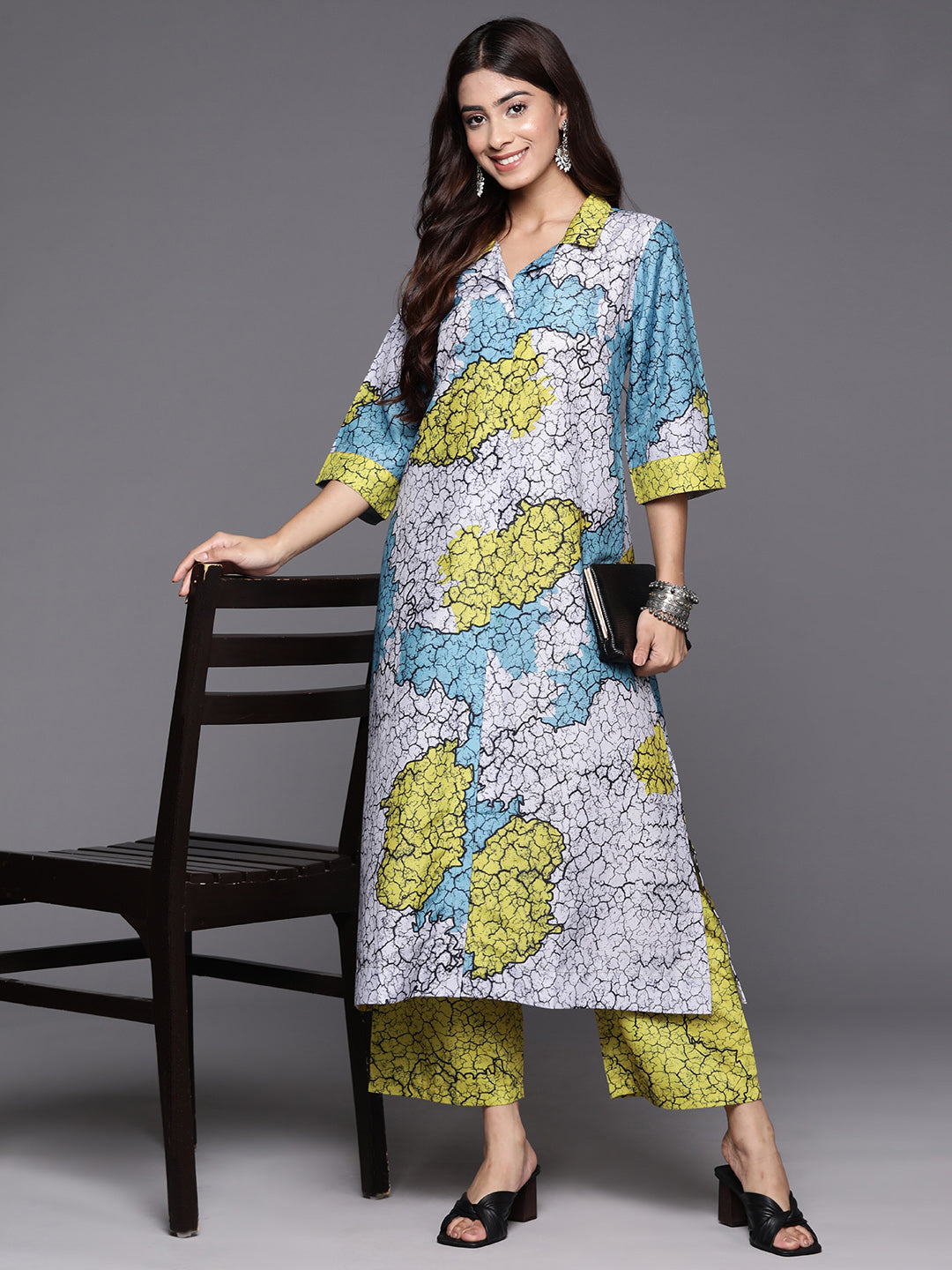 Varanga Women Blue And Green Abstract Printed Shirt Collar, Straight Kurta With Side And Front Slits Paired With Printed Bottom - Distacart