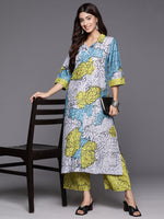 Thumbnail for Varanga Women Blue And Green Abstract Printed Shirt Collar, Straight Kurta With Side And Front Slits Paired With Printed Bottom - Distacart