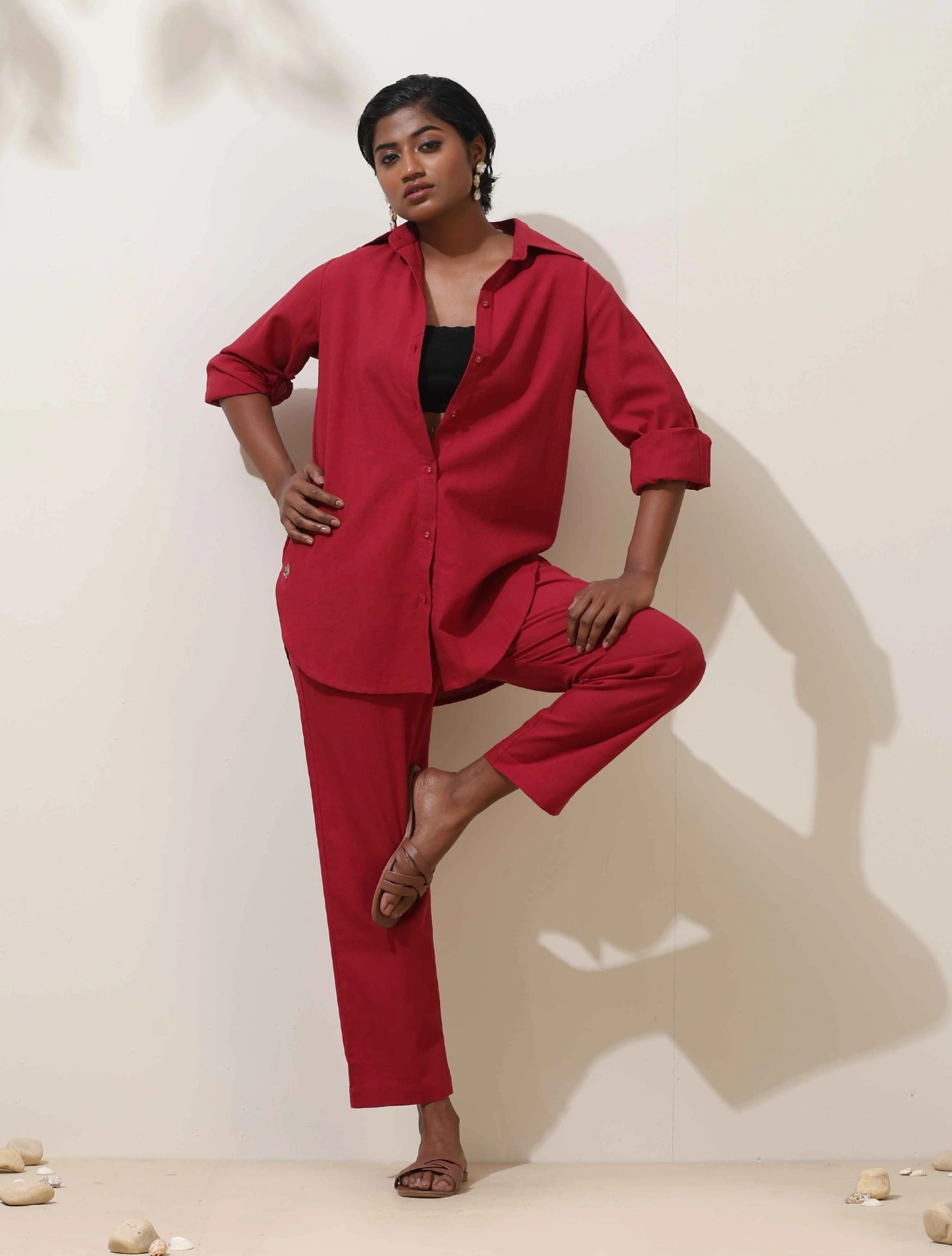 trueBrowns Maroon Cotton Linen Co-Ord Set - Distacart