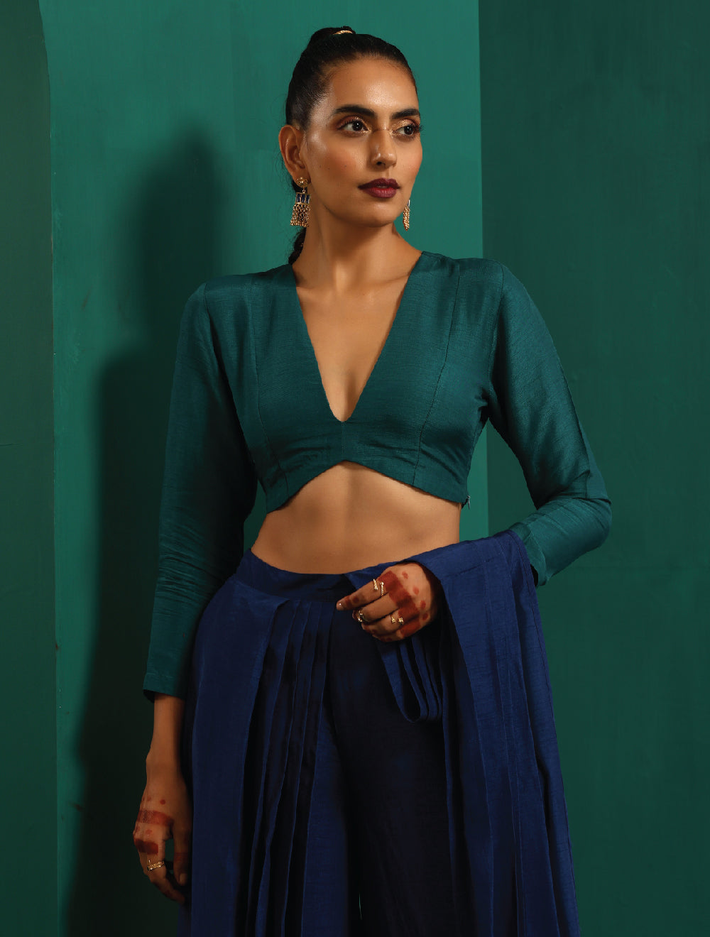 trueBrowns Teal Silk Full Sleeve Blouse - Distacart