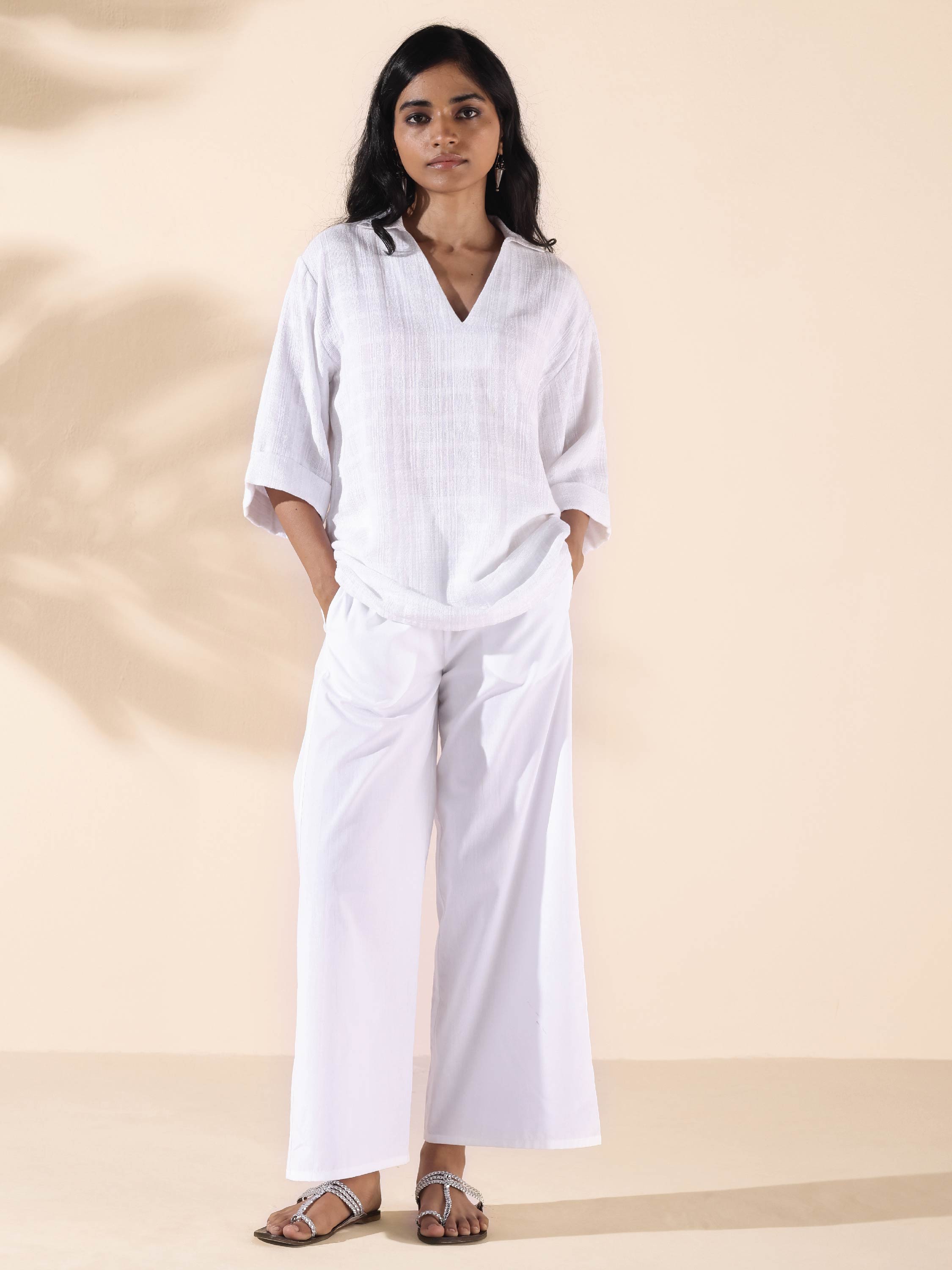 trueBrowns White Cotton Dobby V-Neck Co-ord Set - Distacart