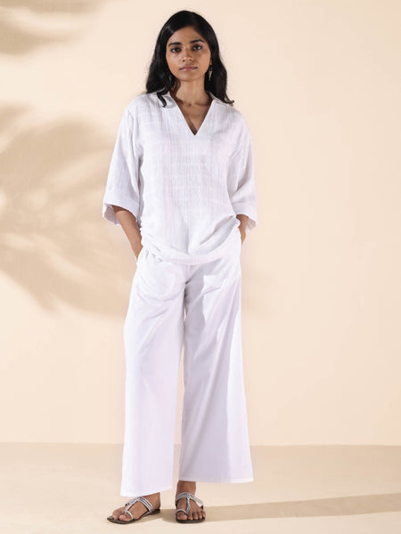 trueBrowns White Cotton Dobby V-Neck Co-ord Set - Distacart