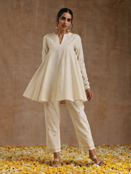 trueBrowns Ivory Gold Cotton Flared Co-Ord Set - Distacart