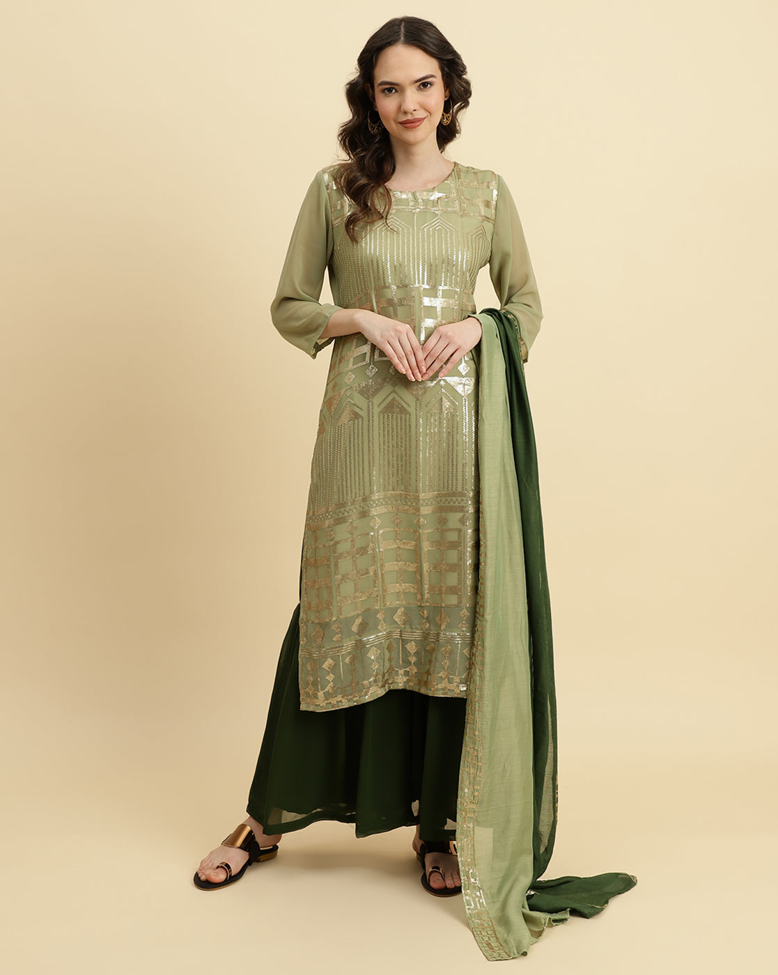 Varanga Green Sequened Kurta With Sharara And Sequened Ombre Dupatta - Distacart