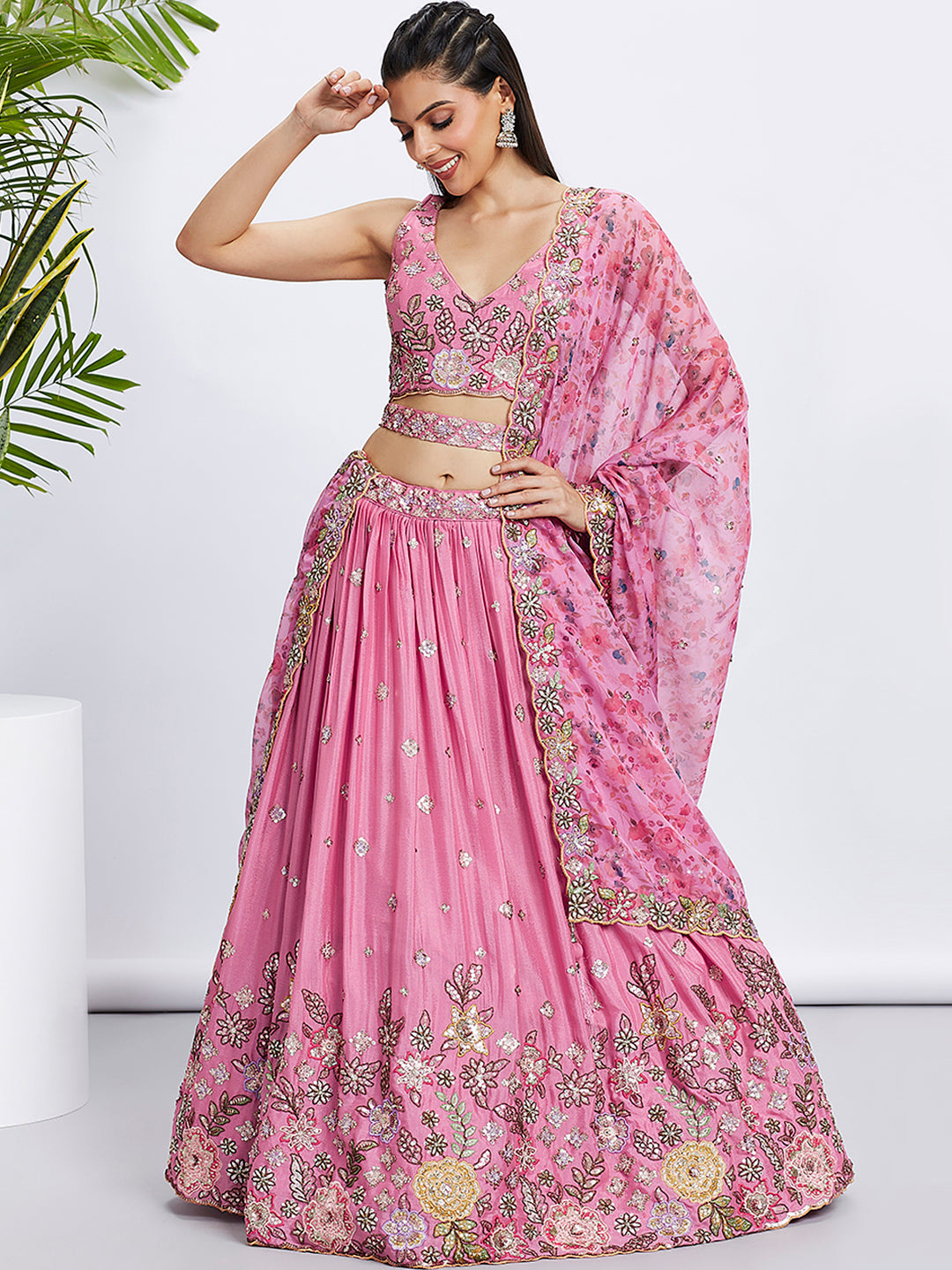 House of Panchhi Lime Green Chiffon Sequins And Thread Embroidery Lehenga Choli & Dupatta - Distacart