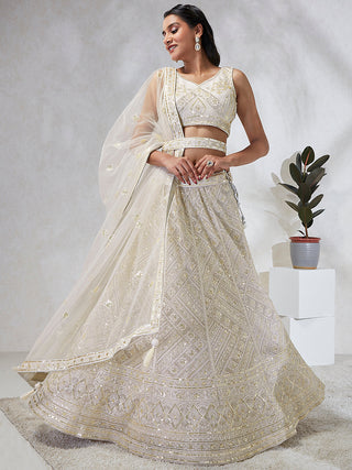 House of Panchhi Cream Net Cutdana, Sequins And Zarkan Embroidery Lehenga Choli & Dupatta - Distacart