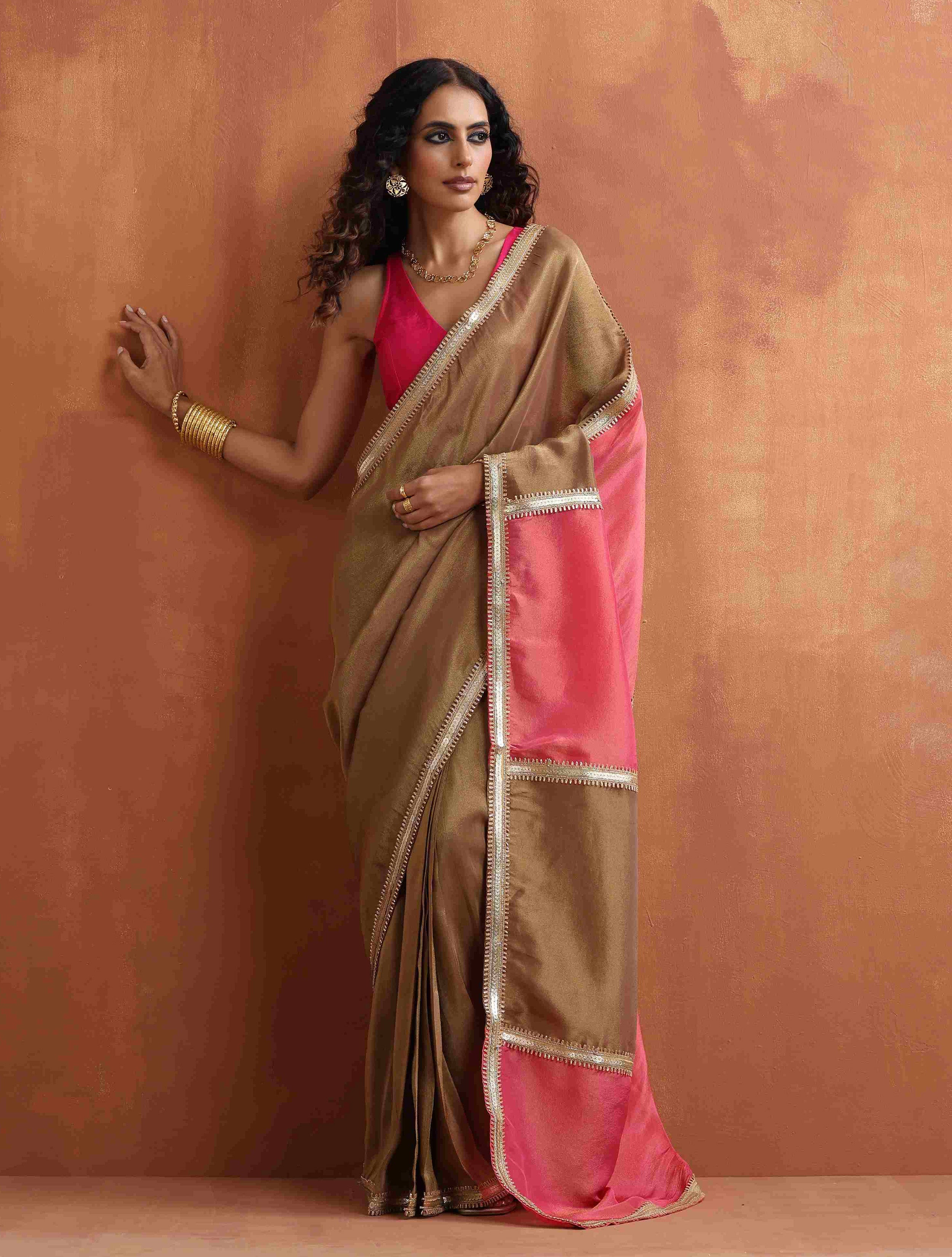 trueBrowns Bronze Tissue Ready To Wear Saree - Distacart