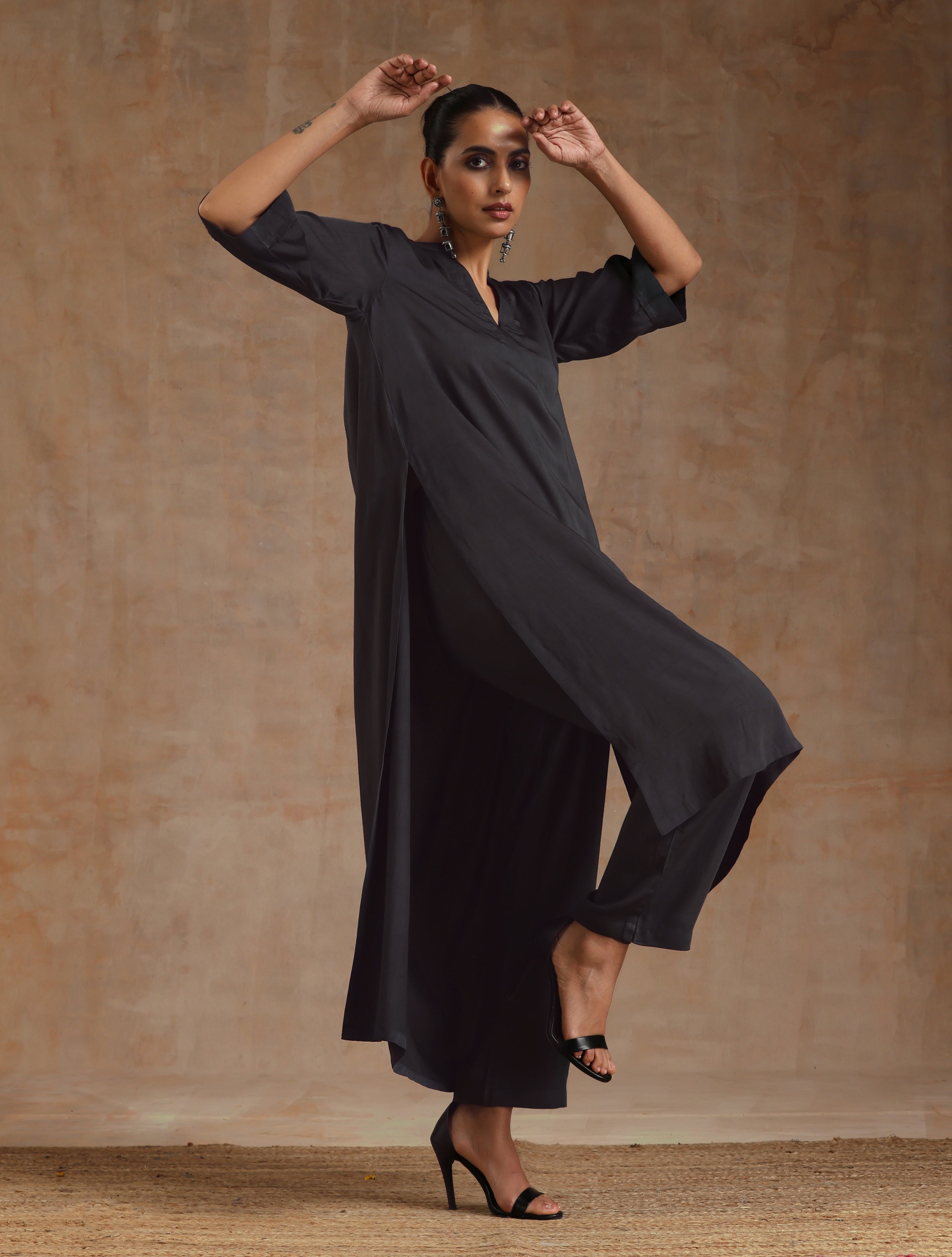 trueBrowns Grey Modal Satin High-Low Relax Kurta Set | Relove - Distacart