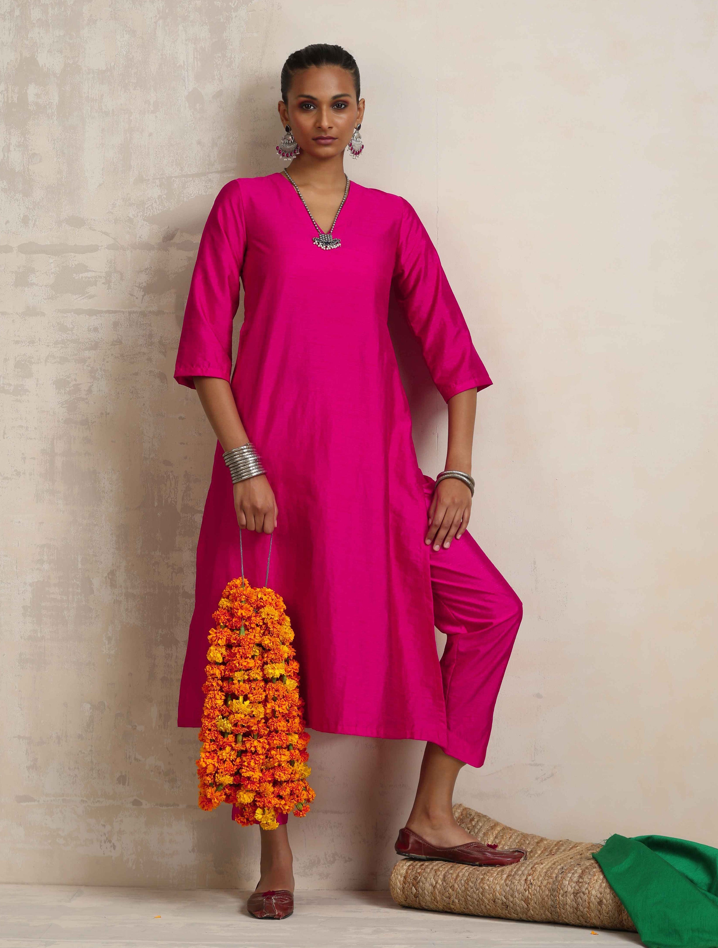 trueBrowns Pink Silk High Slit Kurta Set - Distacart