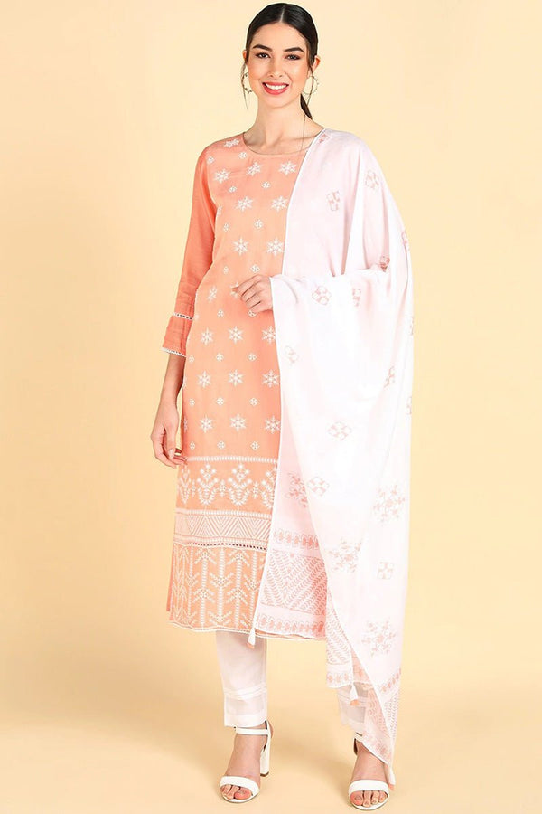 Ahika Peach Poly Silk Straight Suit Set