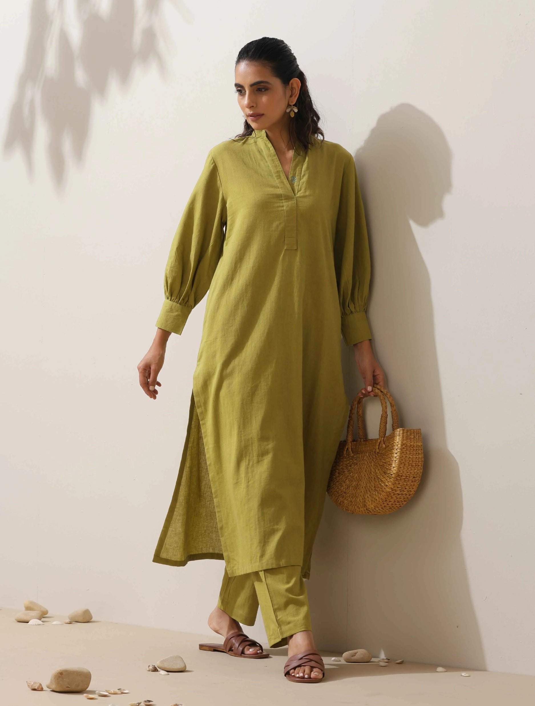trueBrowns Pear Green Cotton Linen Kurta Pant Set - Distacart