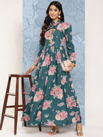 Thumbnail for Ahalyaa Floral Print Puff Sleeves Tie-Up Neck Crepe Ethnic Gown With Cut-Out Detail - Distacart