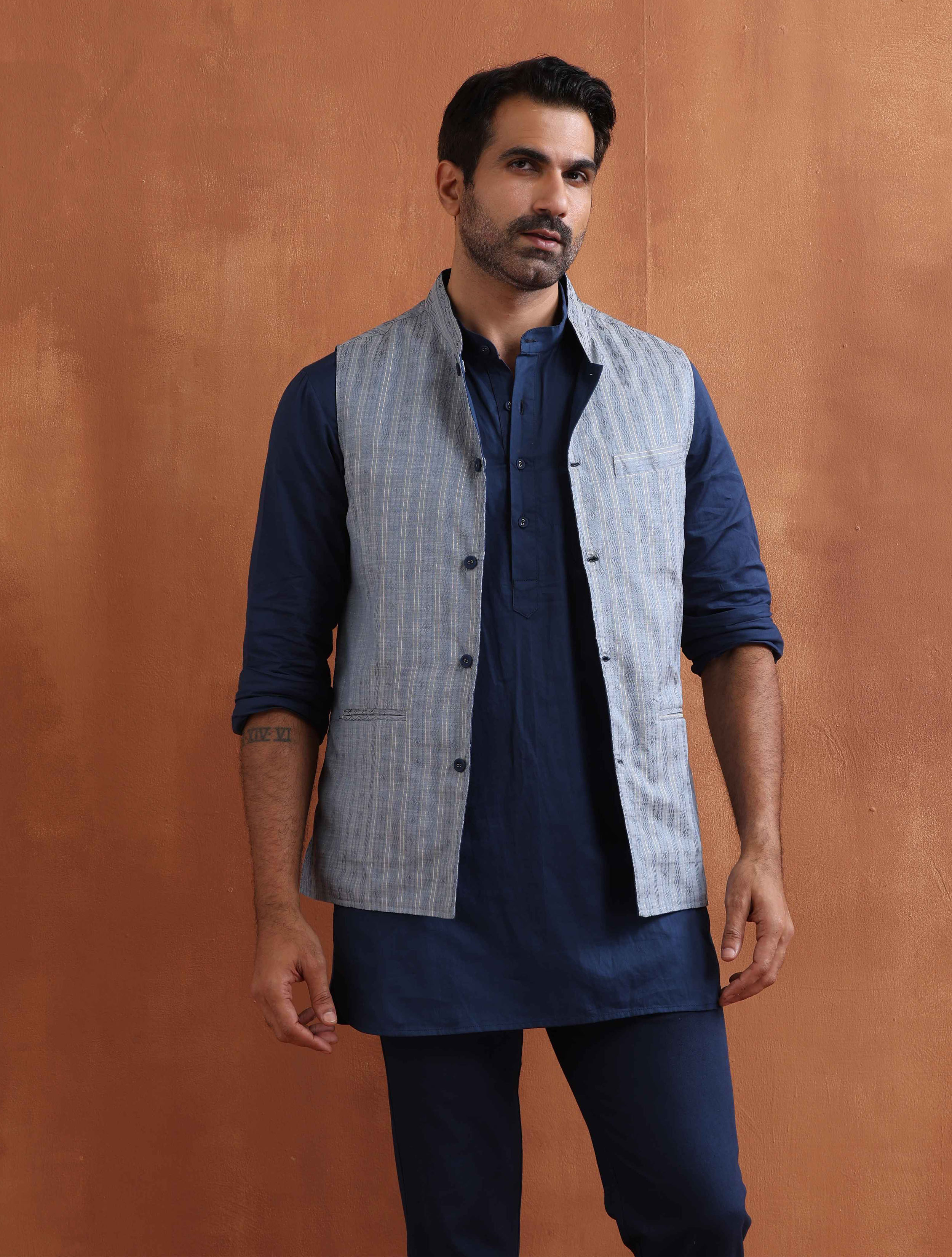 trueBrowns Men's Blue Chanderi Reversible Nehru Jacket - Distacart