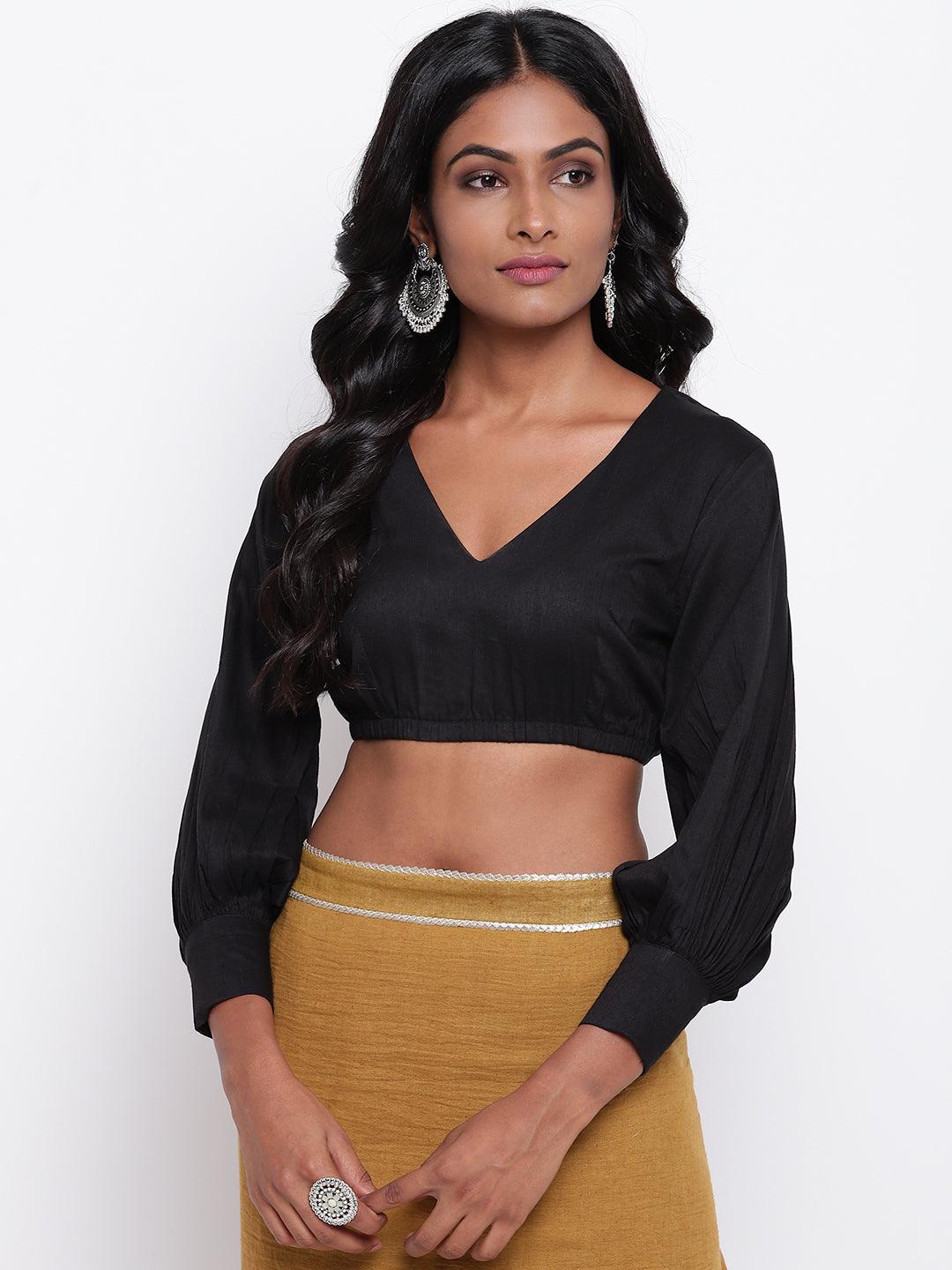 trueBrowns Black Gathered Sleeve Top - Distacart