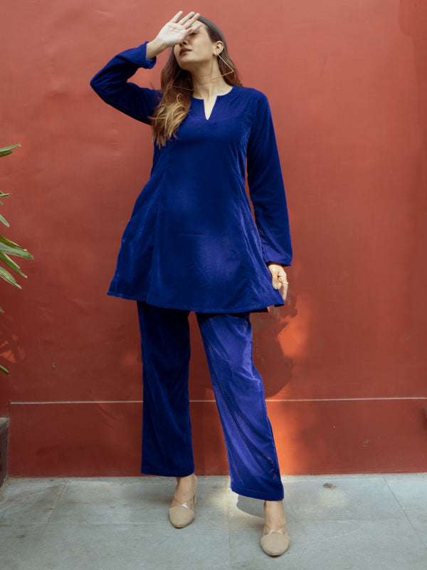 trueBrowns Blue Solid Velvet Co-Ord Set - Distacart