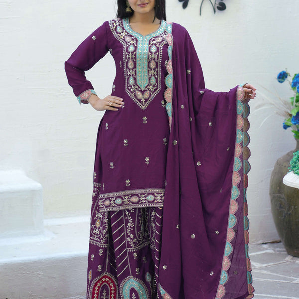 Yash Enterprise New Designer Embroidered Chinon With Sequence Maroon Readymade Salwar Suit