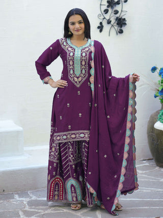 Yash Enterprise New Designer Embroidered Chinon With Sequence Maroon Readymade Salwar Suit