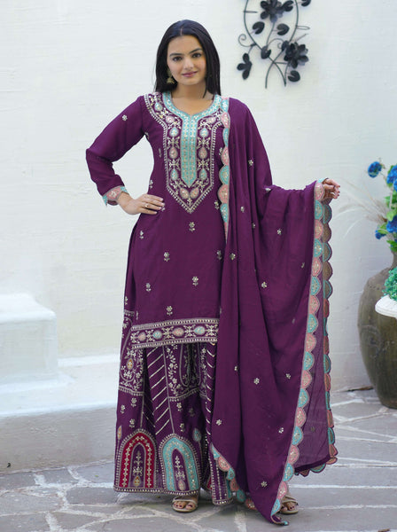 Yash Enterprise New Designer Embroidered Chinon With Sequence Maroon Readymade Salwar Suit