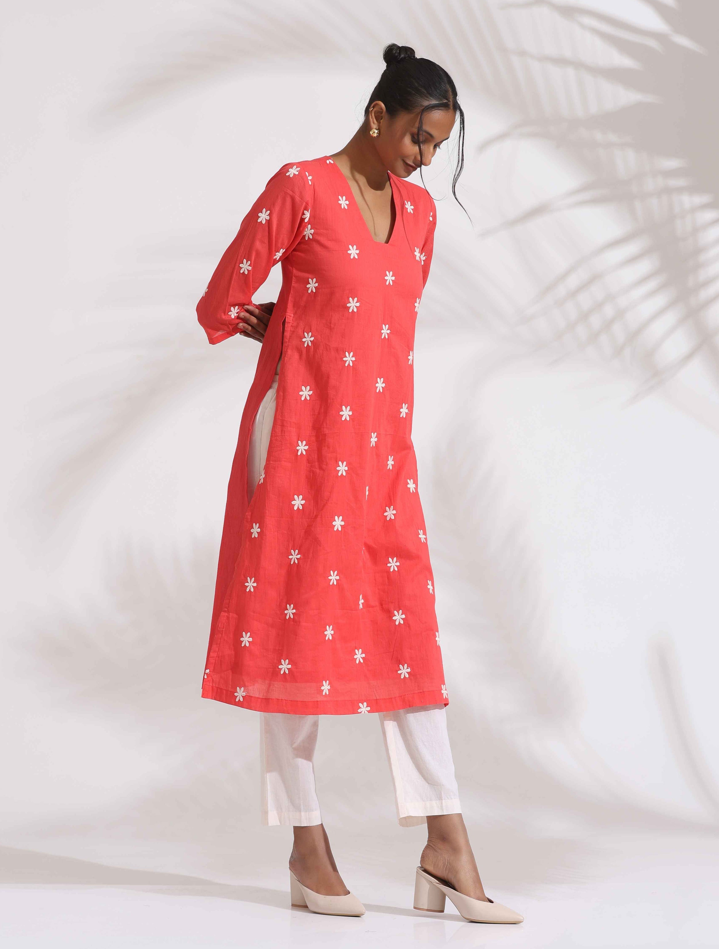 trueBrowns Orange Cotton Floral Embroidered Kurta Set - Distacart