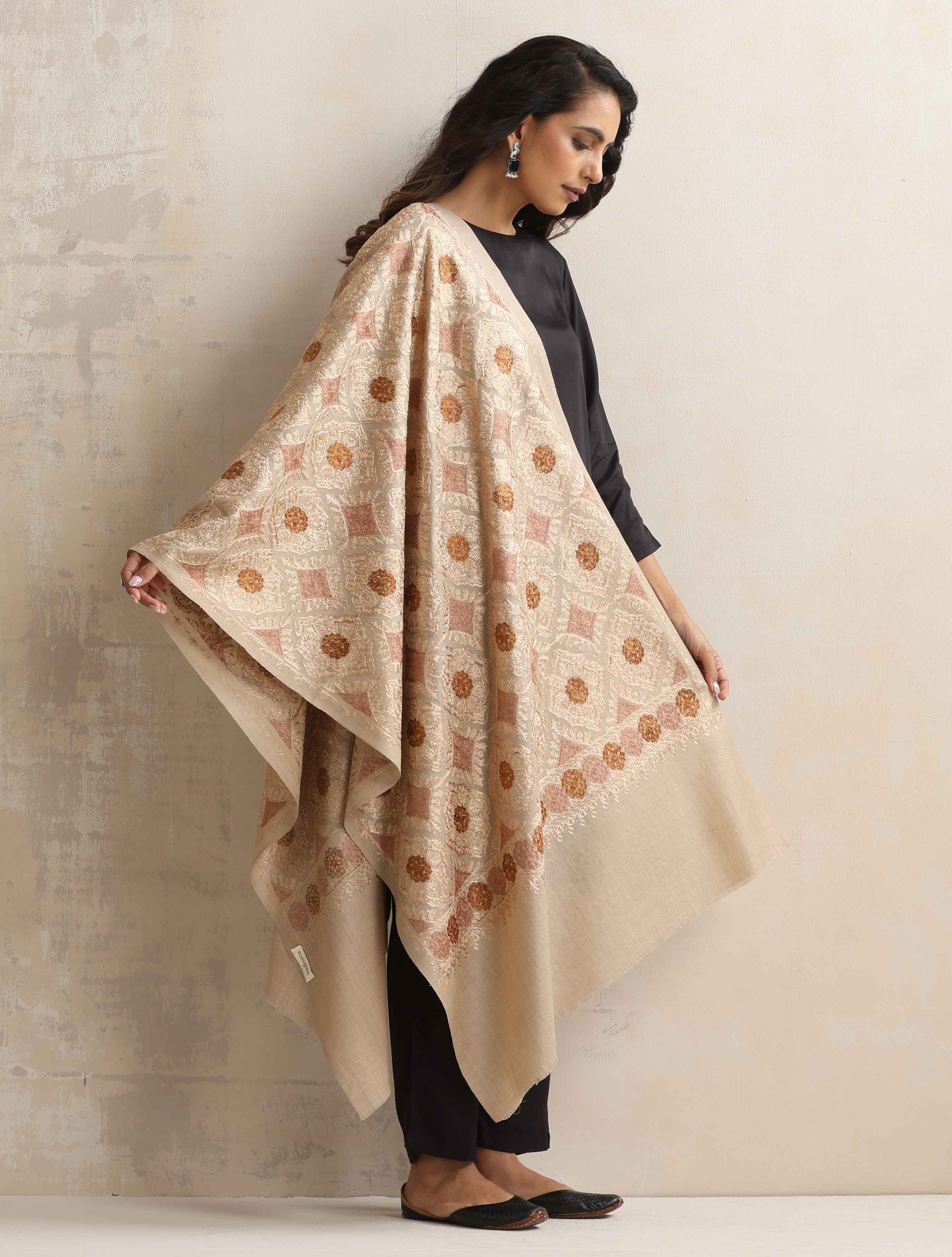 trueBrowns Beige Geometric Embroidered Woollen Stole - Distacart