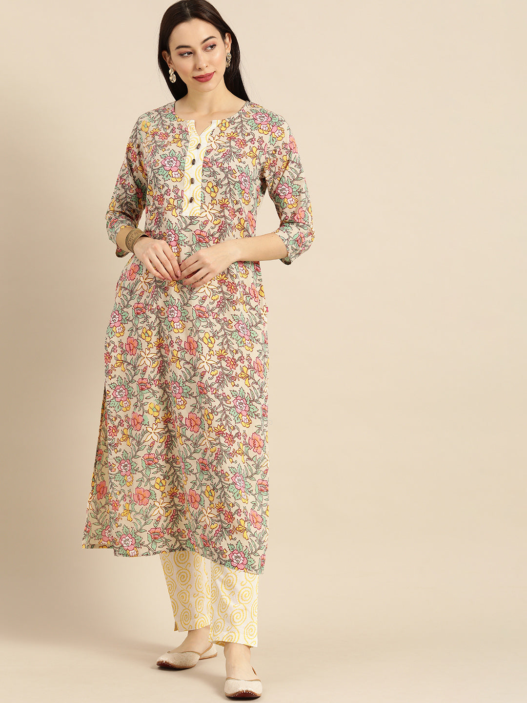 Varanga Women Sea Green And Mustard Floral Printed Straight Kurta With Printed Trouser - Distacart