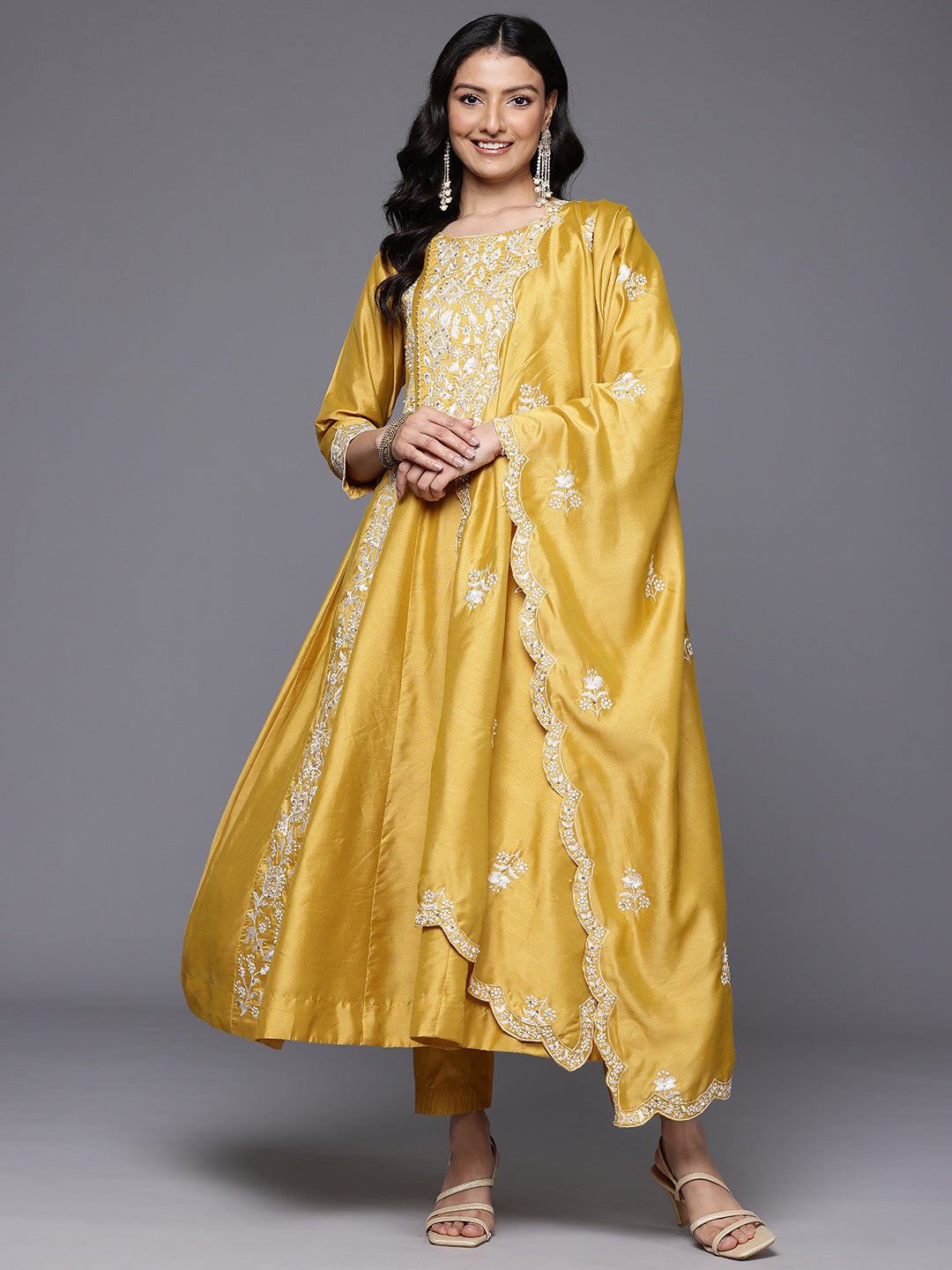 Varanga Women Yellow Floral Thread Embroidered Anarkali Kurta Paired With Bottom And Dupatta - Distacart
