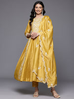 Thumbnail for Varanga Women Yellow Floral Thread Embroidered Anarkali Kurta Paired With Bottom And Dupatta - Distacart