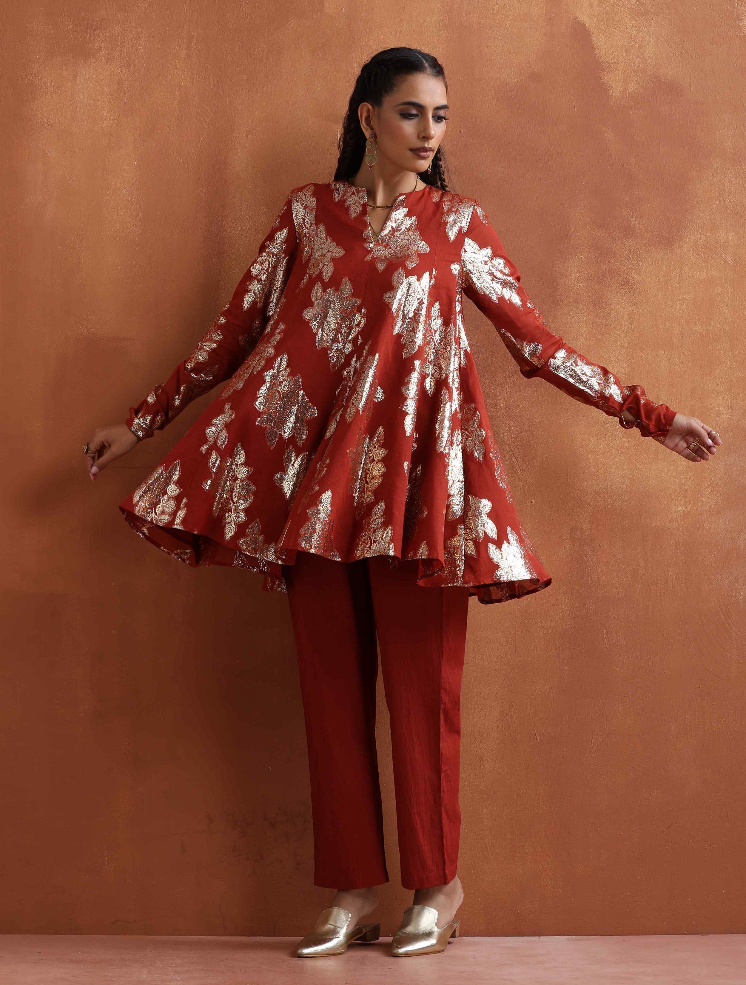 trueBrowns Rust Metallic Flared Anarkali Co-ord Set - Distacart