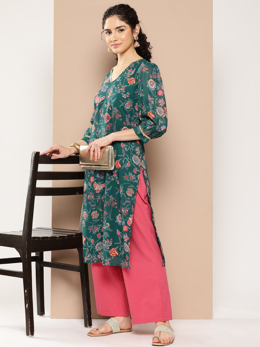 Ahalyaa Women Floral Printed Gotta Patti Floral Georgette Kurta - Distacart