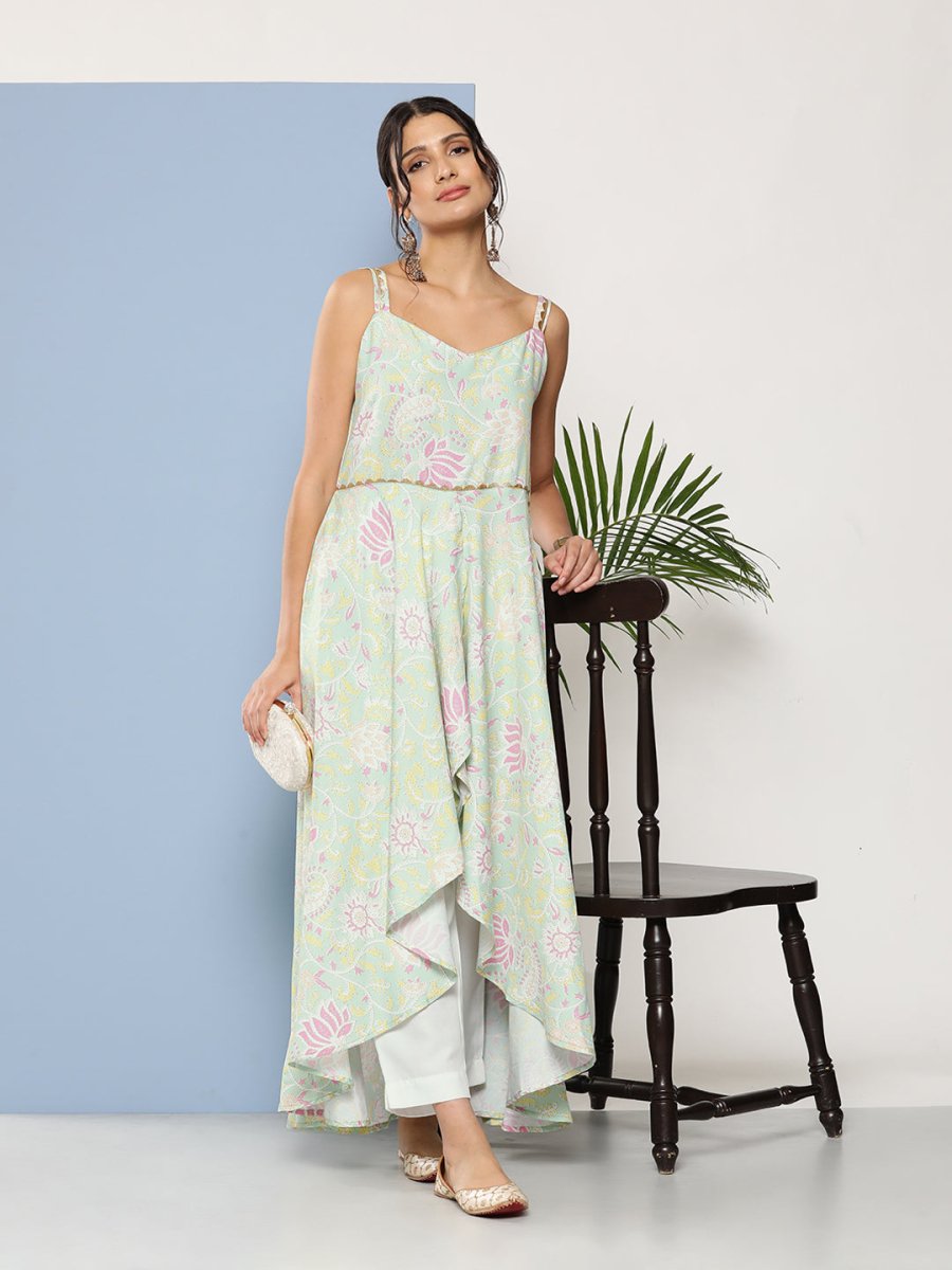 Ahalyaa Women Sea Green Floral Printed Empire Gotta Patti Kurta with Trousers - Distacart