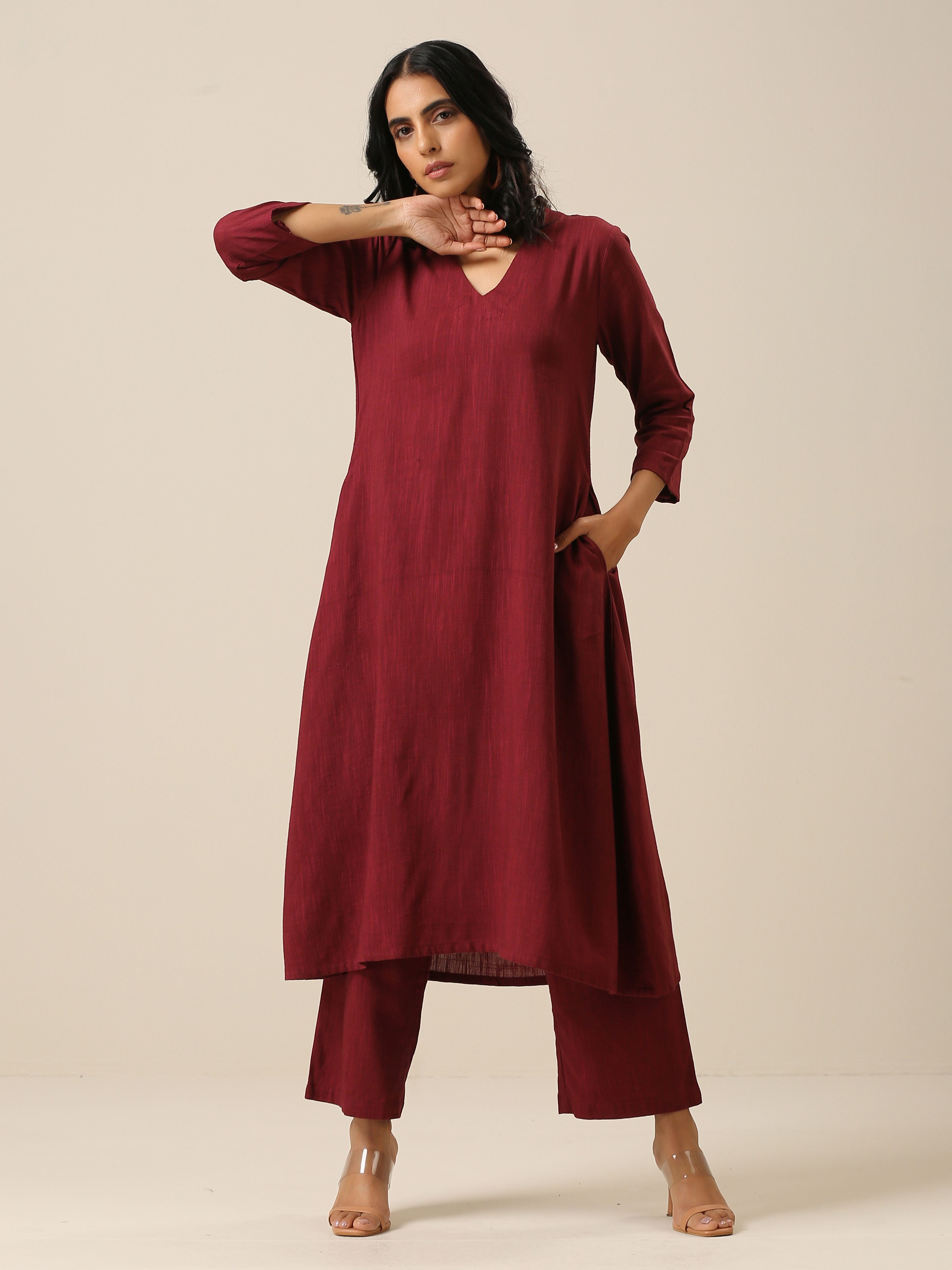 trueBrowns Ruby Wine Slub Texture Back Pleat Kurta Pant Set - Distacart