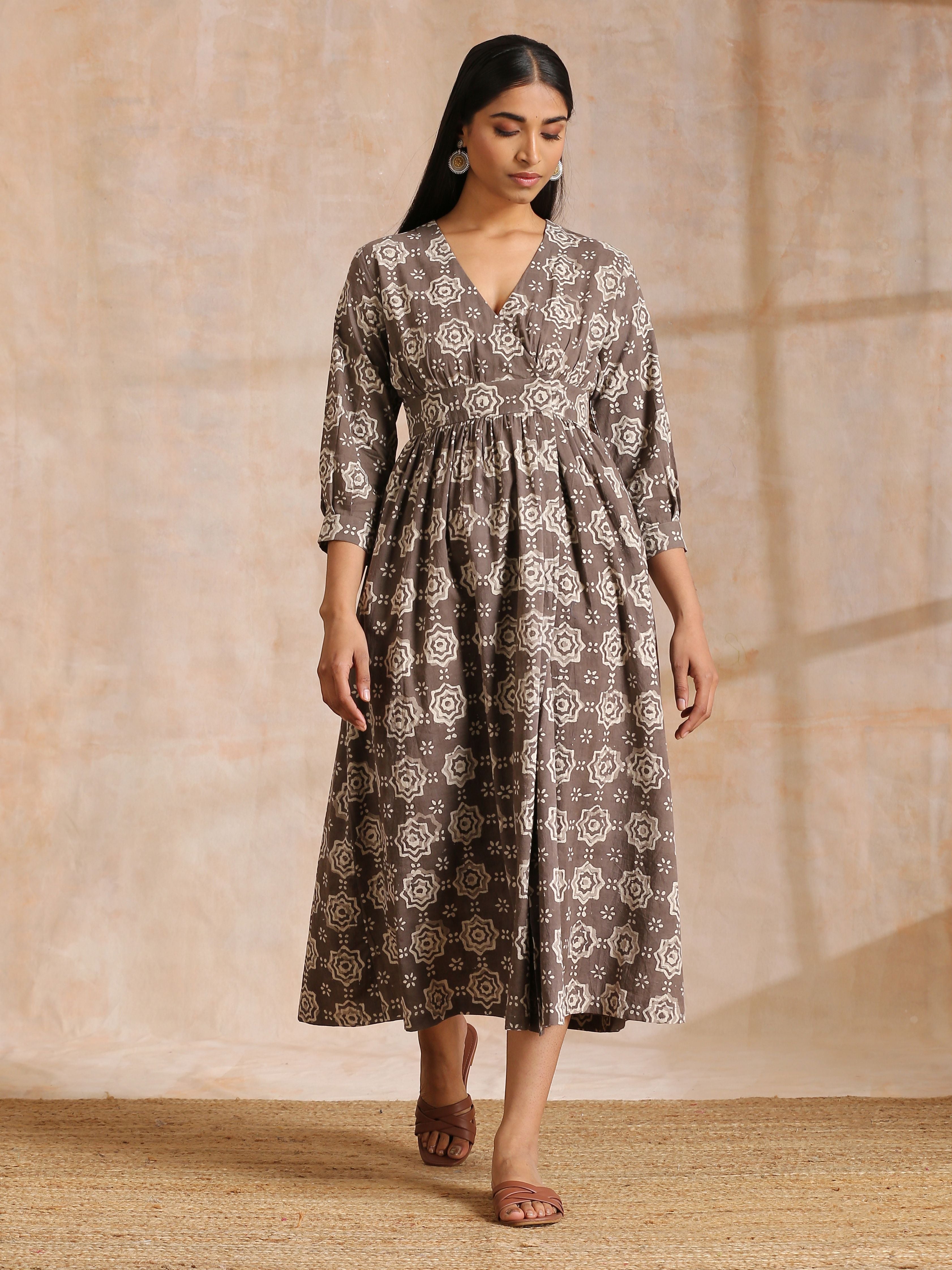 trueBrowns Clay Dabu Overall Print Cotton Wrap Dress - Distacart