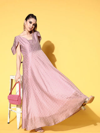 Ahalyaa Chanderi Cold-Shoulders Printed Maxi Ethnic Dress - Distacart